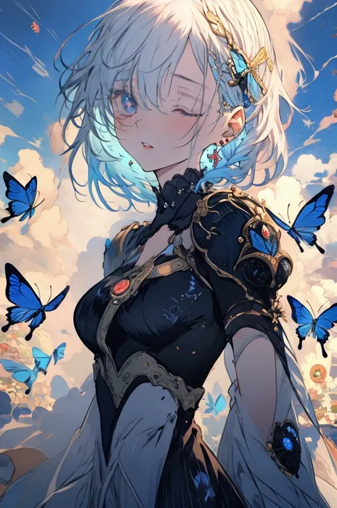 ((Best Quality)), ((masterpiece)), (detailed),watch dial background,One Woman,Mysterious, Butterfly Style, Sky Blue Hair ,Long Hair,Side braid,Asymmetrical bangs,Worried expression,I raise my eyebrows in pain,Close your eyes, tears are dripping from my eye...