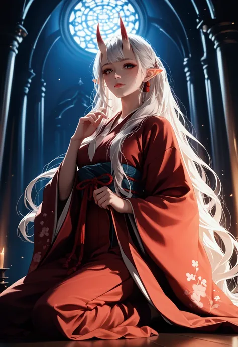 score_9, score_8_up, score_7_up, source_anime, White hair, very long hair, oni horns, oni girl, skin-covered horns, elf ears, (japanese clothes), (kneeling:1.2), playing with hair, Beautiful face, pale skin, multiple fox tails, intricate details,  low ligh...