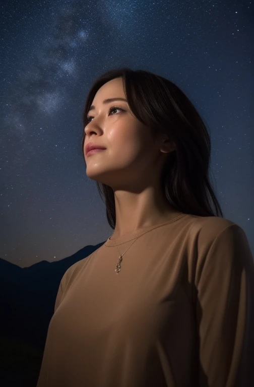 An adult woman with a lonely expression looking up at the night sky、A drop of big tears is flowing from her eyes ,（Im looking directly above so my tears dont fall）、A slightly open mountain top,Beautiful stars in the night sky々is shining beautifully、Angle f...