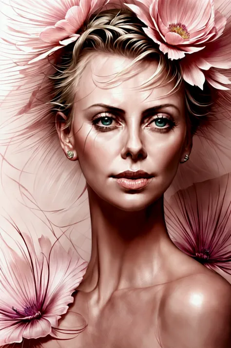 charlize theron in a botanical masterpiece in the style of marco mazzoni, detailed, hyper-realistic, front view, elemets of symb...