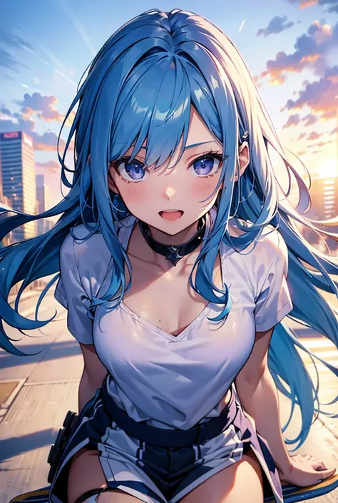 High resolution,In the clouds、blue sky、((Skateboarding angel))
 Long Hair, smile, Open your mouth, とてもLong Hair, accessories, Blue Hair/Light blue hair, Purple eyes, リボンヘアaccessories, Open your mouth a little, Background blur, Angel Halo, Overlooking, far ...