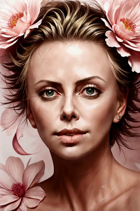 charlize theron in a botanical masterpiece in the style of marco mazzoni, detailed, hyper-realistic, front view, elemets of symb...