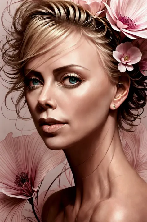 charlize theron in a botanical masterpiece in the style of marco mazzoni, detailed, hyper-realistic, front view, elemets of symb...