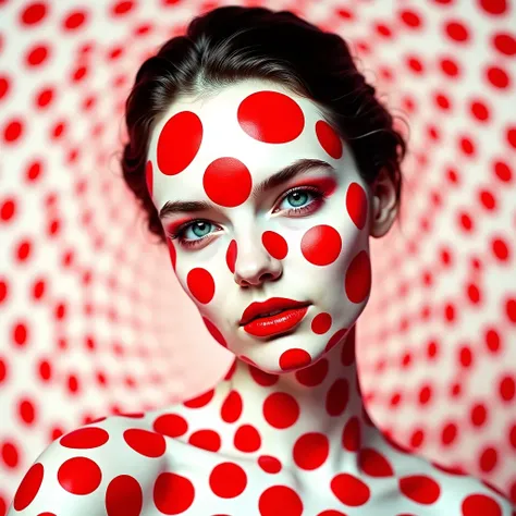 Op Art Fashion, Red polka dot pattern on white background , Illusion,((( The model has large red polka dot makeup applied to her face.)))、背景も同じRed polka dot pattern on white background 、Red polka dot costume on white background 、Face close-up