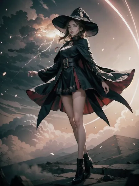 (masterpiece, Best Quality),  photorealistic rendering,   1 girl, adult (Elf:0.7) woman,  Coral colored eyes,  reddish brown updo ,
(style-swirlmagic:0.8), full body, look up, Alone,  upper body, Detailed Background,  A light smile, witch hat, witch, Magic...