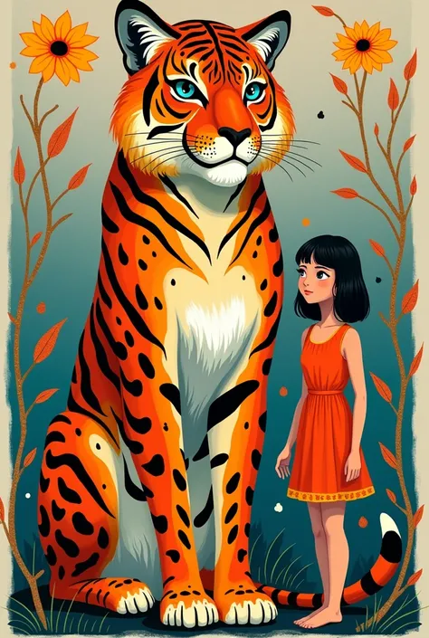  big cat and next to a girl illustration in the style of Chris de Lara ,  full length ,  big beautiful eyes  , Long legs ,   colored stripes  ,  gond  ,