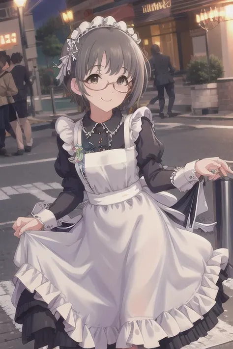 masterpiece, Best Quality, High resolution, The Idolmaster,  Maid headdress, Side Lock, Glasses, frills, brooch, Maid,  black dress to hang your body, Puff sleeves, Long sleeve, Maid apron, White apron, bustling street,Running,sunny, standing, Skirt Hold,s...