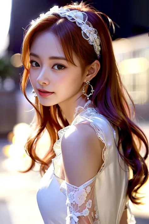 Very bright backlight, {美しくdetailedな瞳},((Large Bust)), Natural and soft light, Hair swaying in the wind, beautiful,smile, Small earrings, ((Model pose)), Glamour body type,Model Body,((Narrow waist)),(Colorful Hair, Half redhead, half blonde:1.2), Real Han...