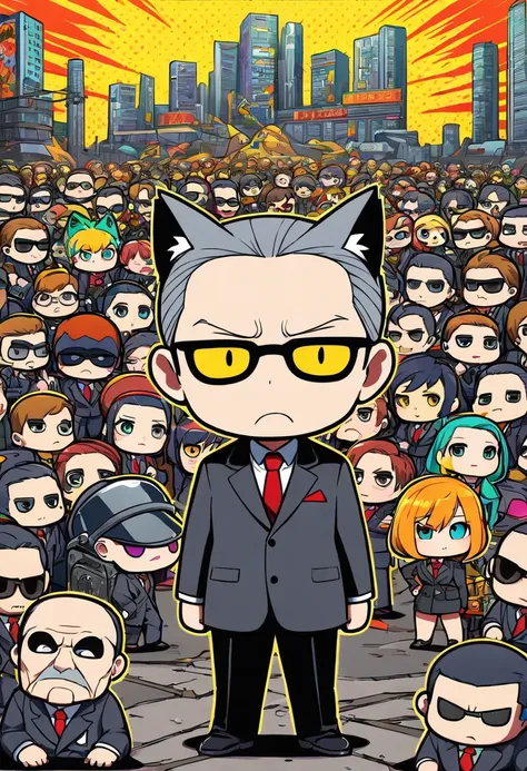 POP art,PoP,(chibi character:1.5),POP apocalypse,oldman,male,grey bared,cat ears,sadly face,mens suits,BREAK Apocalypse city,detailed background,