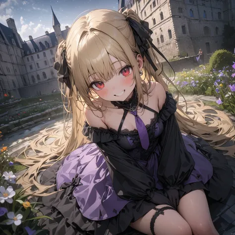 (Best Quality),(masterpiece),(Super detailed),(8k),(32K),(Perfect Anatomy),(Perfect hands),One Girl、Red eyes、tooth、 long straight blonde 、smile、(Small breasts)、(black ribbon on hair :1.1)、black ruffle long sleeve dress 、 Purple Normal Necktie,Black gloves、...