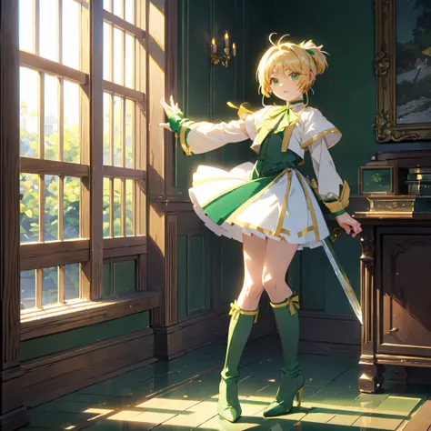 Please redeem、Unity 8K Wallpapers、32K、masterpiece、Very detailed、Ultra-high resolution、Very detailedな顔、RAW Photos、professional、Ultra-fine painting、Magical Fairy Swordsman Leafa、Blonde Long Hair、White hair ribbon、green eyes、Green magical girl costume、Blonde ...