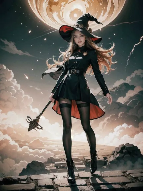 (masterpiece, Best Quality),  photorealistic rendering,   1 girl, adult (Elf:0.7) woman,  Coral colored eyes,  reddish brown updo ,
(style-swirlmagic:0.8), (full body:1.3), look up, Alone,  upper body, Detailed Background,  A light smile, witch hat, witch,...