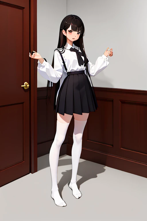 Full body of one schoolgirl、Standing on your own feet、Panchira、brown haired、Longhaire、blushing、mouth slightly open、small tits、Black sheer stockings without shoes、She wears pure white panties under her stockings.、Pure white blouse、Pure white bra、Pure white ...