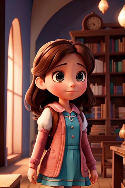 girl in an enchanted library, in 3d animation