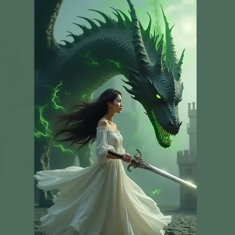 A girl in a white dress, long dark hair, beautiful detailed eyes, beautiful detailed lips, extremely detailed face, longeyes lashes, fighting a large black dragon with a shining sword, green flames surrounding them, medieval castle in the background, (best...