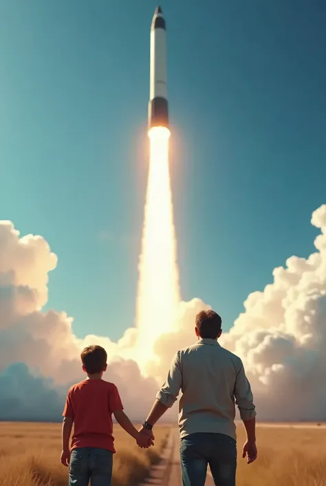 photograph、Ultra-realistic、big rocket、launch、A boy holds his fathers hand and looks up at the rocket from far away from the rocket launch site、Picture from behind、 rocket taking off with white clouds in the blue sky、close-up of a boy