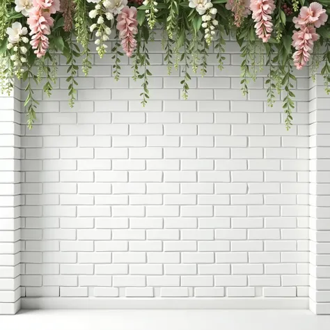 Just the realistic 3d white brick wall with some hanging flowers 

