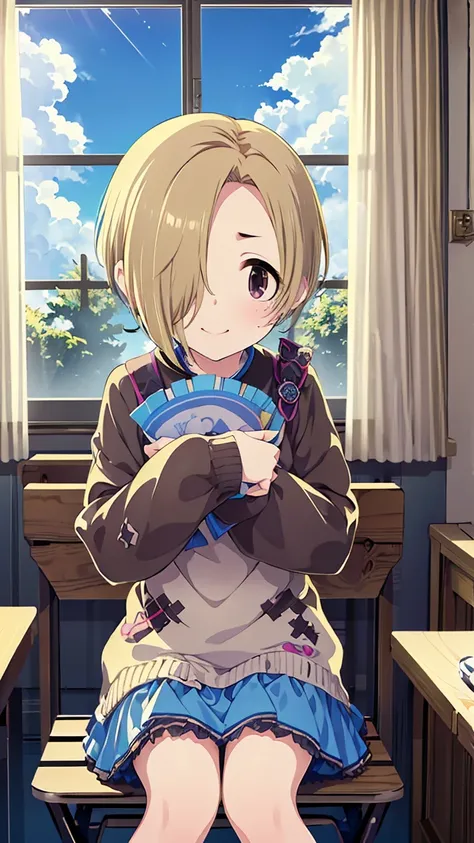 masterpiece, Best Quality, High resolution, Very detailed,(((Shirasaka Koume))), (((Sitting in a chair))), (((indoor))), (((blue sky))), (((window))), (((Laughing))), (((One girl))), (((solo))), (((Blonde))), (((Brown Hair))), (((Short Hair))), (((Hair cov...