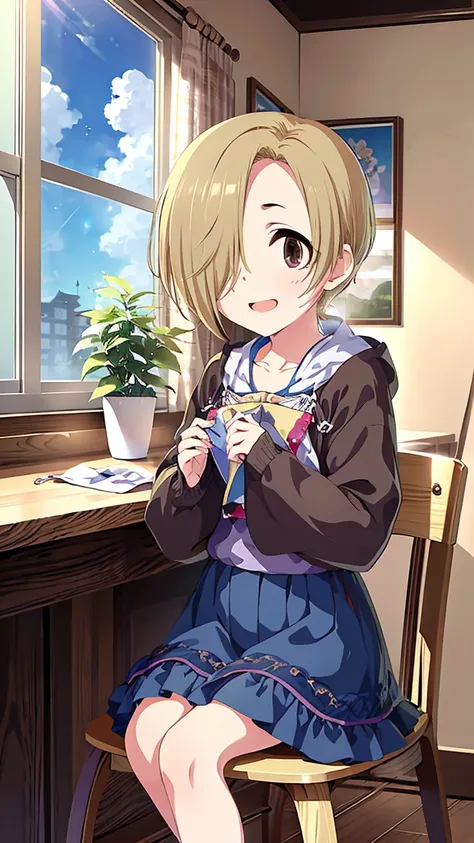 masterpiece, Best Quality, High resolution, Very detailed,(((Shirasaka Koume))), (((Sitting in a chair))), (((indoor))), (((blue sky))), (((window))), (((Laughing))), (((One girl))), (((solo))), (((Blonde))), (((Brown Hair))), (((Short Hair))), (((Hair cov...