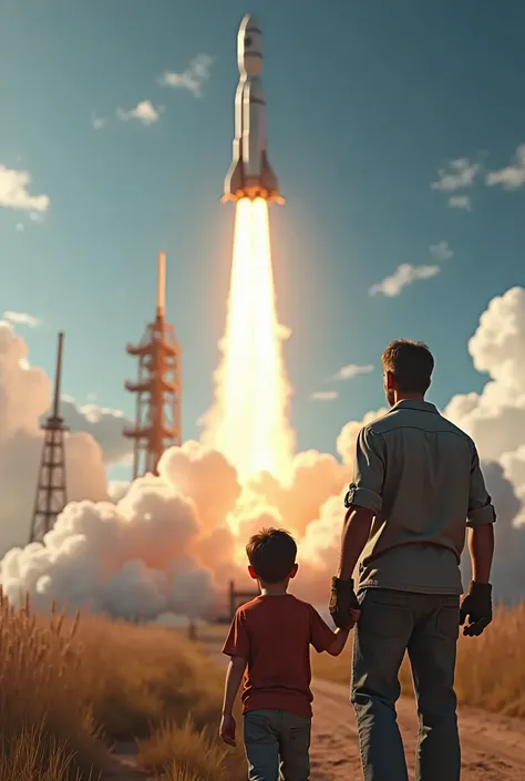 a boy looking up at a large rocket launching from a rocket launch site in the distance, holding his fathers hand, view from behind, a rocket blasting off into a blue sky with white clouds, close-up of the boys face, hyperrealistic, photorealistic, 8k, best...