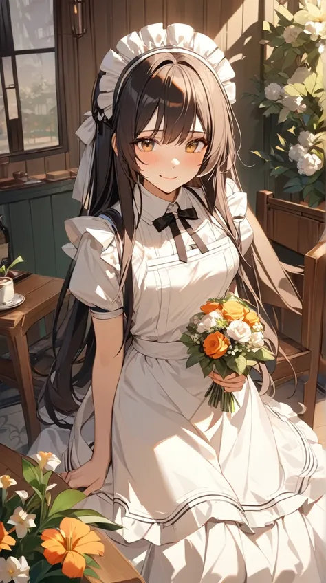 One Girl、A graceful smile、Shining Eyes、Long Straight Hair、 Classic Maid Outfit 、Polite attitude、Smooth Skin、Medium Breast、 Adorable Apron 、 headdress with ribbon 
BREAK 
soft light、(Soft Shadows:1.2)、Warm tones、Dreamy atmosphere、Subtle details、Elegant comp...