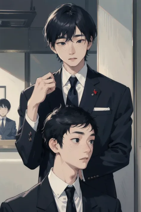 (masterpiece, Best Quality), alone、Age 30、Japanese、Ordinary face、Shortcuts、Black Hair、Black Eyes、Light freckles、A few freckles、Salaryman、adults in suits、Normal face、With bangs、Kind Face、Navy blue tie