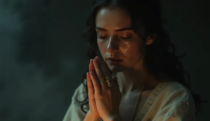 A 20-year-old woman praying with a gold rosary, the chain elegantly wrapping around her hands in a prayer position, tears glistening on her cheeks, set against a dreamy dark background, ethereal lighting, highly detailed, emotional, cinematic, serene atmos...