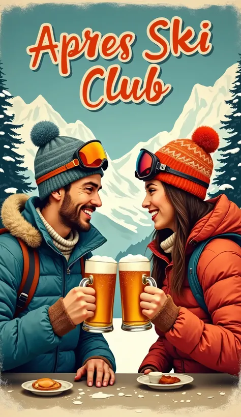 (( masterpiece)),((( The best quality ))),  poster style vintage illustration of an aprés ski in a resort in the Alps. A man and a woman dressed in ski equipment are seen toasting with mugs of beer.  At the top of the image there is written in retro font A...