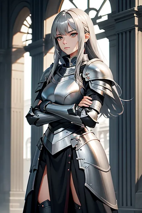 knee shot,female, gray hair, gray eyes, medium-length hair, pull plate armor, knight, 170 cm, bangs, arms crossed, a quiet woman...