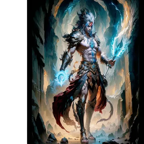 a painting of a man with a sword in a cave, legendary god holding spear, asura from chinese myth, the god hades, powerful fantasy epic legends, epic fantasy art style hd, epic fantasy card game art, epic fantasy character art, djinn man male demon, furious...