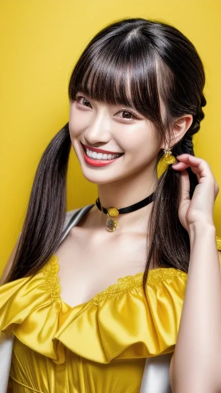 (realistic, photo-realistic:1.2), (masterpiece, best quality), high resolution, intricate details, extremely detailed, sharp focus, professional lighting, full body, solo, 1girl, a Japanese female idol, (yellow clothes, idol costume), (face focus, standing...