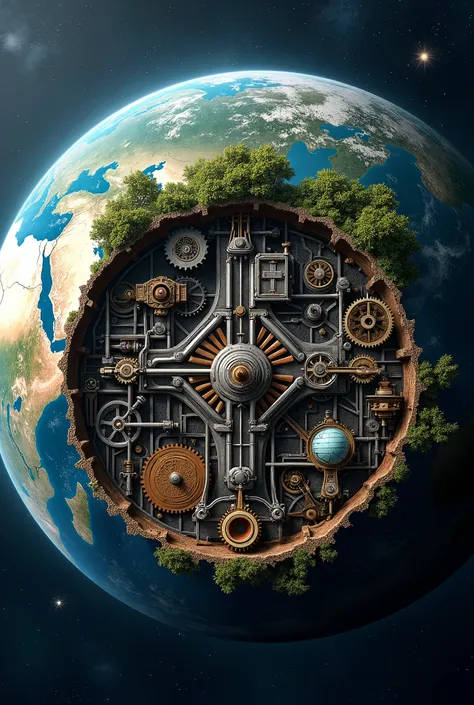 A detailed cross-section of the mechanical planet Earth. All mechanical parts, water, temperature, and seasons are all managed by AI, background galaxy