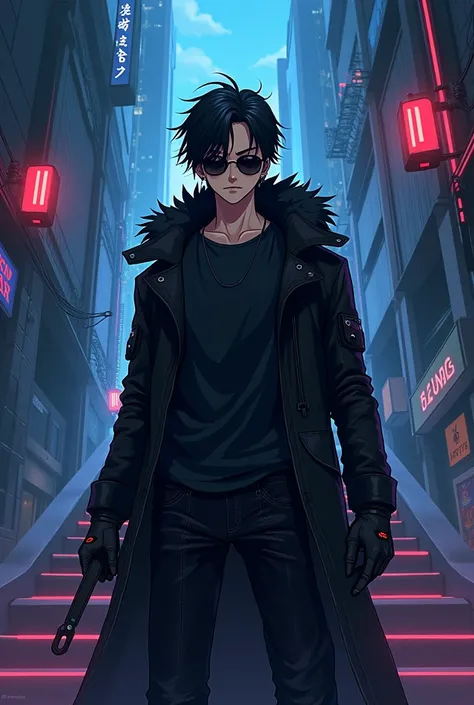 ((illustration)), (best quality)), ((masterpiece)), (detailed), teenager, 1male, black hair, jacket, black gloves, long coat, sunglasses, leather, solo, anime: 2, cybercity, night, flat color, central city, holding wrench, serious face, cinematic, epic, an...