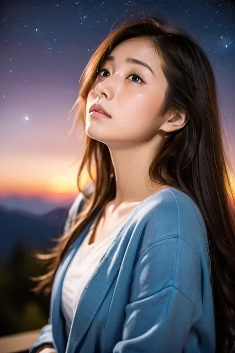 A female high school student with a lonely expression looking up at the night sky、A drop of big tears is flowing from her eyes ,（ so that tears dont fall down (Looking directly up ))、A slightly open mountain top,Beautiful stars in the night sky々is shining ...