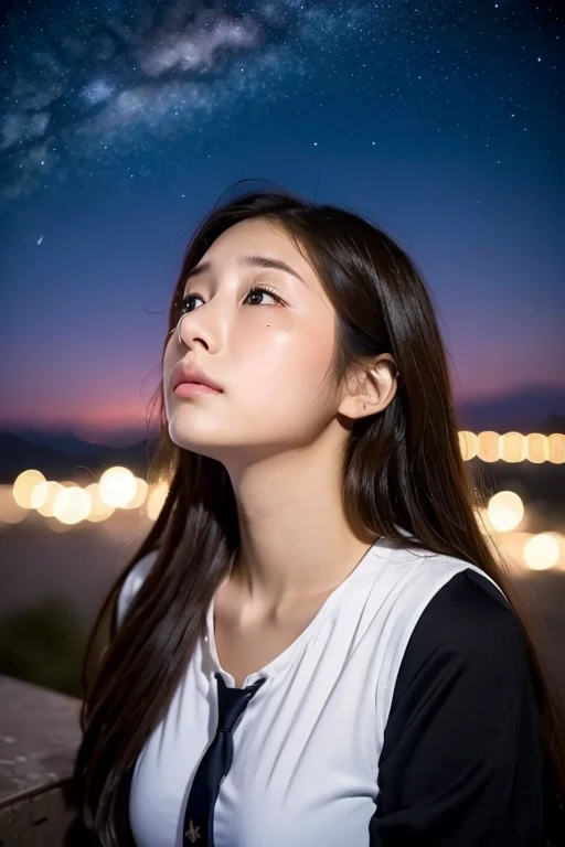 A female high school student with a lonely expression looking up at the night sky、A drop of big tears is flowing from her eyes ,（ so that tears dont fall down (Looking directly up ))、A slightly open mountain top,Beautiful stars in the night sky々is shining ...