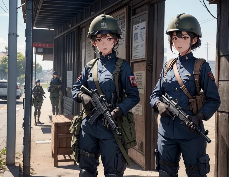 , a group of female soldiers guard the station with guns，Wearing indigo military uniforms 、Wear a helmet、Magazine Pouch、Shoulder Straps、Gloves、Military Pants、Knee pads、Write details、masterpiece、 best quality、Highly detailed CG、8K quality