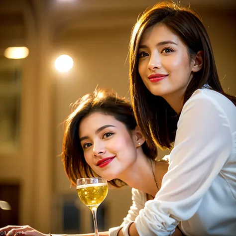 ((White Wine)),((Wine Glasses)),(Realistic, 超Realistic:1.4), 16K HDR, High resolution,((White Wine)),((Wine Glasses)),Happy smile、short hair,The best smile、Japanese actress,so beautiful(It looks like the real thing),dress、Slim couple、Model Couple、(Realisti...