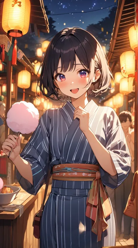 One Girl、Excited expression、Shining Eyes、Short Hair、Traditional Yukata、Cheerful posture 、Smooth Skin、Small breasts、 cotton candy in hands 、 surrounding street stalls 
BREAK 
Stars in the night sky、(Lantern light:1.3)、Soft Light、Lively atmosphere、Fun Shadow...