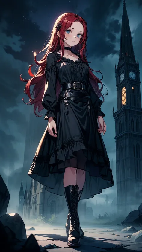 ((((masterpiece, best quality:1.3, high detail)))), beautiful woman, long wavy hair, (dark red hair), hairpin, (black blouse), ((long black skirt)), long black skirt:1.2, pencil skirt, belt, buckle, collarbone, (fog), (night sky), (atmospheric), ((shade)),...