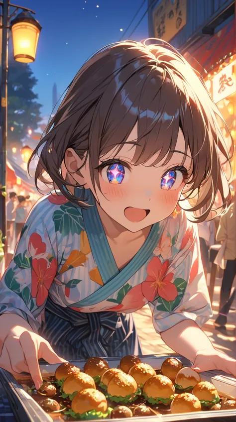 One Girl、Happy expression、Sparkling eyes、 Medium Length Hair 、Colorful Yukata、A fun pose、Glowing Skin、Small breasts、 Hand Takoyaki 、 
BREAK 
Twilight light、( Street Light :1.2)、Vibrant colors、 Bustling Energy 、 Moving Shadows 、Fun atmosphere、 Lively Scenes...