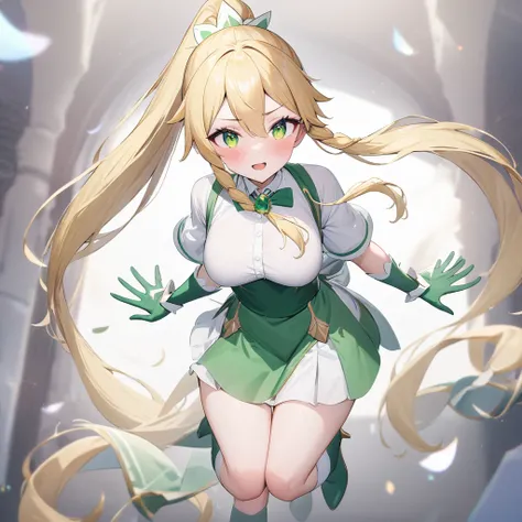 Please redeem、Unity 8K Wallpapers、32K、masterpiece、Very detailed、Ultra-high resolution、Very detailedな顔、RAW Photos、professional、Ultra-fine painting、Magical Fairy Swordsman Leafa、Blonde Long Hair、White hair ribbon、green eyes、Green magical girl costume、Blonde ...