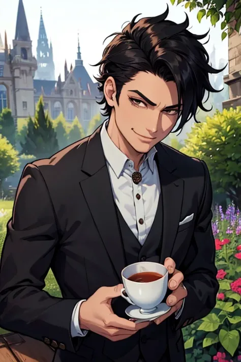 Perfect face. Perfect hands. A man with spiky black hair and brown eyes in a Gothic suit is smiling while sipping tea in the garden