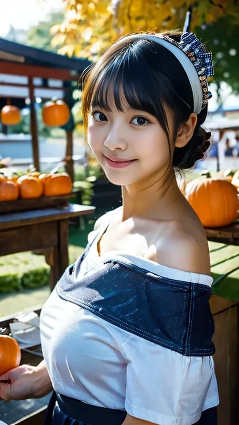 Photo style. The deep blue universe is a harvest festival, with a single Jack-o-lantern on a food stall. Bright red maple leaves and ivy. Yellow ginkgo trees. A young, cute, Japanese female is having a night picnic on the galaxy. She is a glamorous witch w...