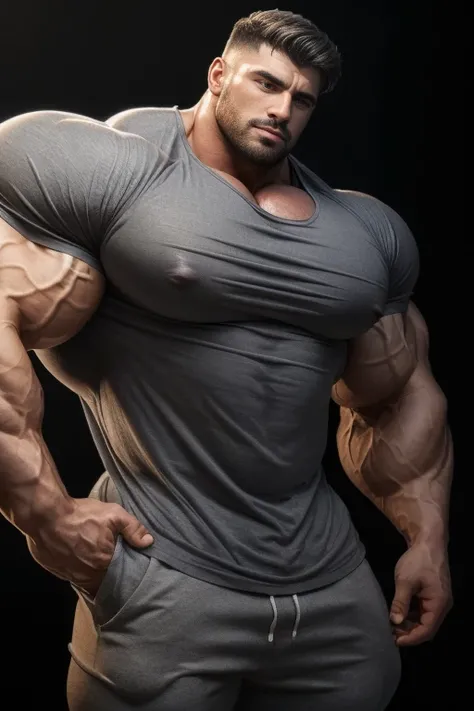 a very handsome man, massively muscular, massively large muscles, massively large biceps, massively large shoulders, Massively large arms, massively large chest, wearing a gray shirt, on a black background