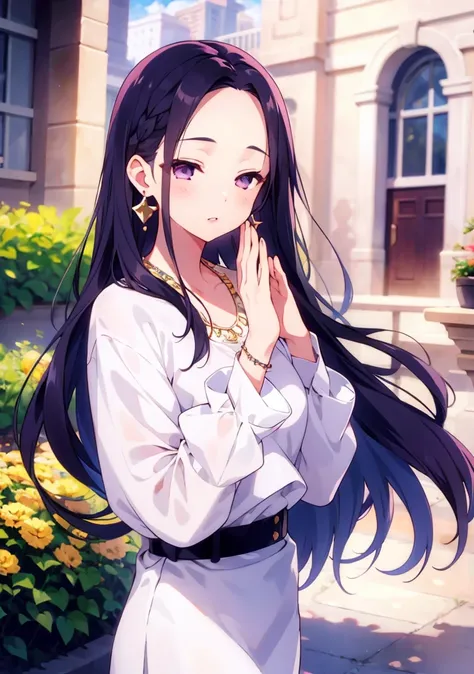 1girl, jewelry, closed eyes, long hair, lips, forehead, solo focus, earrings, realistic, outdoors, hands, nose, building