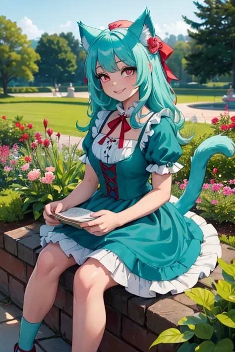 Perfect face. Perfect hands. A light teal haired woman with red eyes and light teal cat ears and a light teal cat tail in a frilly Lolita dress is smiling while sitting  in the garden
