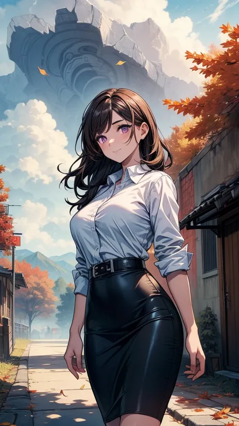 ((((masterpiece, best quality:1.8, high detail)))), (1girl), beautiful woman walking, bright (purple eyes), large breasts, confident, wide-eyed, smile, solo focus, long (wavy hair), (dark brown hair), (hairpin), ((white collar shirt sleeves rolled)), tie, ...