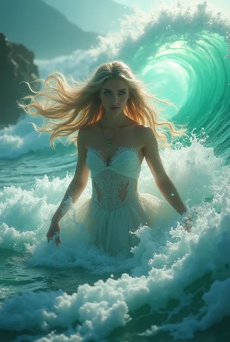 A majestic female goddess emerges from the depths of the ocean, her flowing locks and radiant skin glistening in the warm, cinematic light as the waves transform into a swirling vortex of turquoise and sapphire hues. Her piercing emerald eyes sparkle with ...