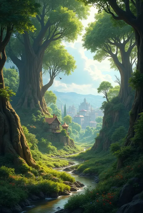 Beautiful forest, big, with houses and cities
