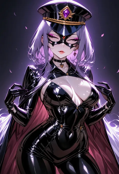 One cute girl:1.3,(Best Quality,Extremely detailed depiction, incredibly absurd high resolution, anatomically accurate depiction ),(Female executive of an evil organization),(Black latex military costume,A shiny black bondage dress with intricate construct...